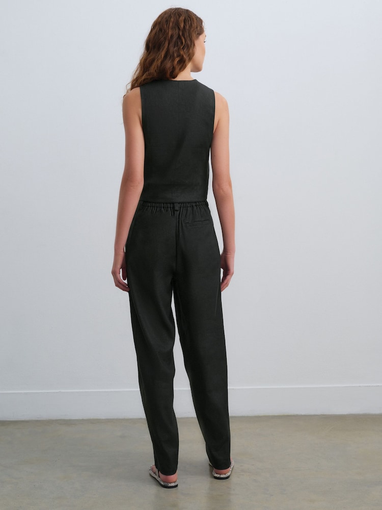 Black Elasticated Waist Barrel Leg Trousers with Linen - Image 2 of 6