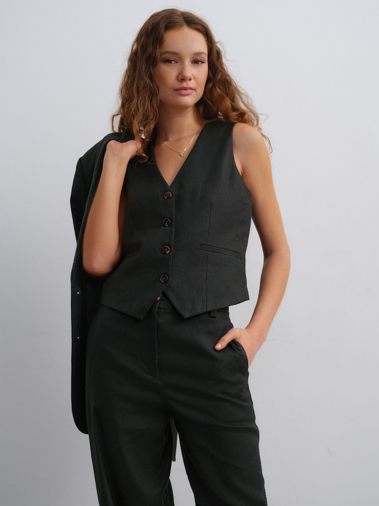 Zwart - Broek met elastische taille en wijde pijpen van linnen - Image 3 of 6