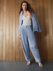 Blue Textured Linen Rich Elasticated Back Tapered Trousers - Image 1 of 8