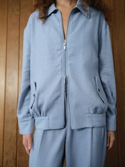 Blue Textured Linen Rich Elasticated Back Tapered Trousers - Image 3 of 8