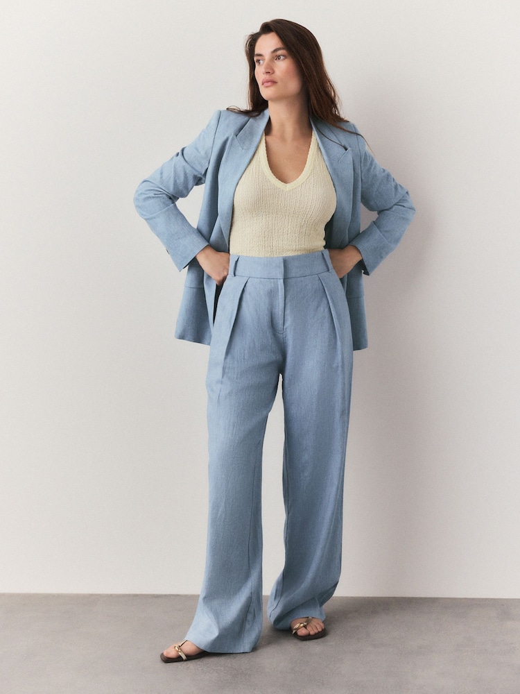 Blue Chambray Elastic Back Wide Leg Trousers with Linen - Image 2 of 5