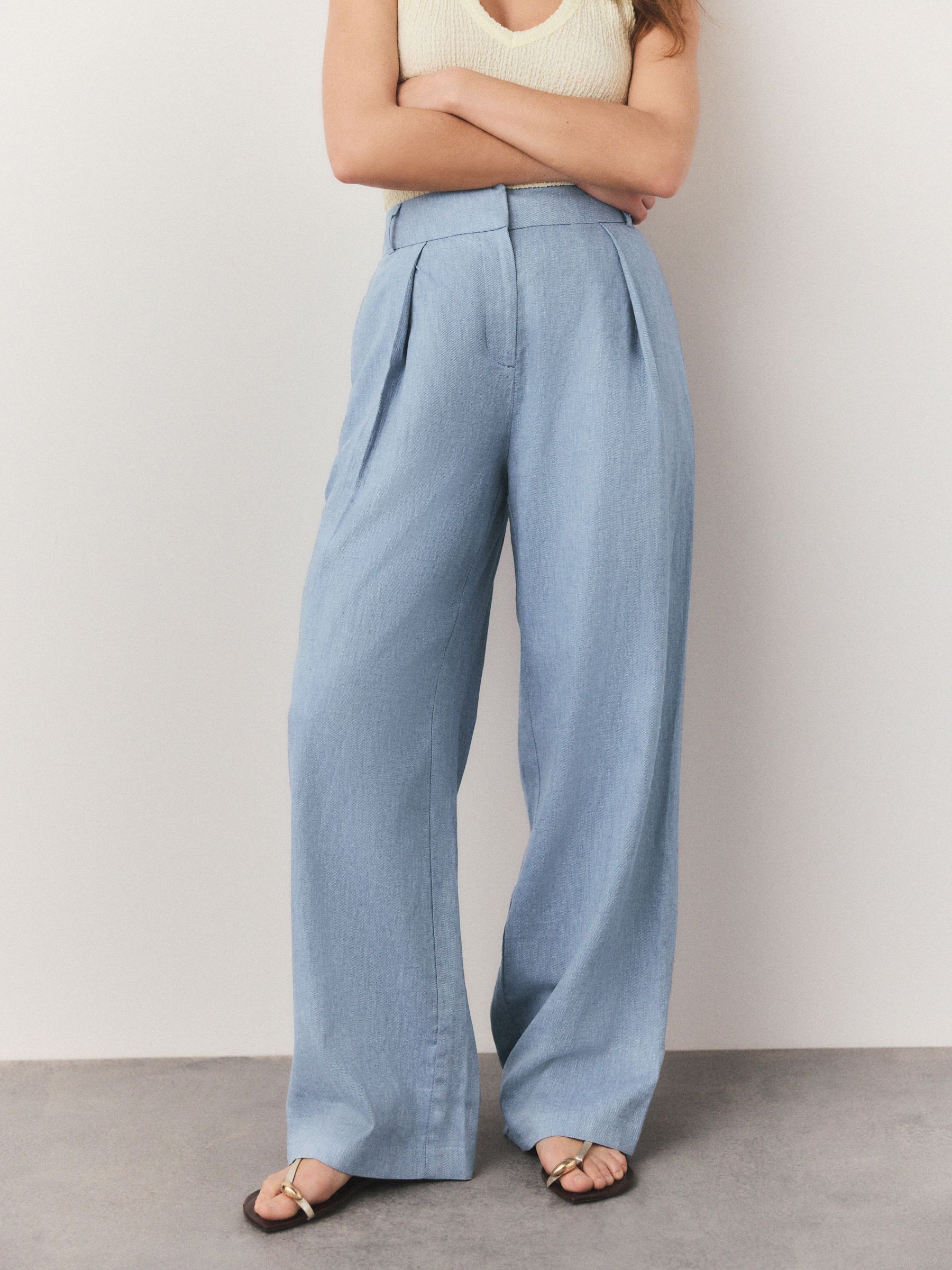POSTELEGANT LINEN CHAMBRAY TROUSERS パンツ Buy Chambray Blue Regular Tapered Fit Textured Linen Cotton