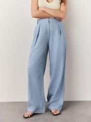 Blue Chambray Elastic Back Wide Leg Trousers with Linen - Image 3 of 5