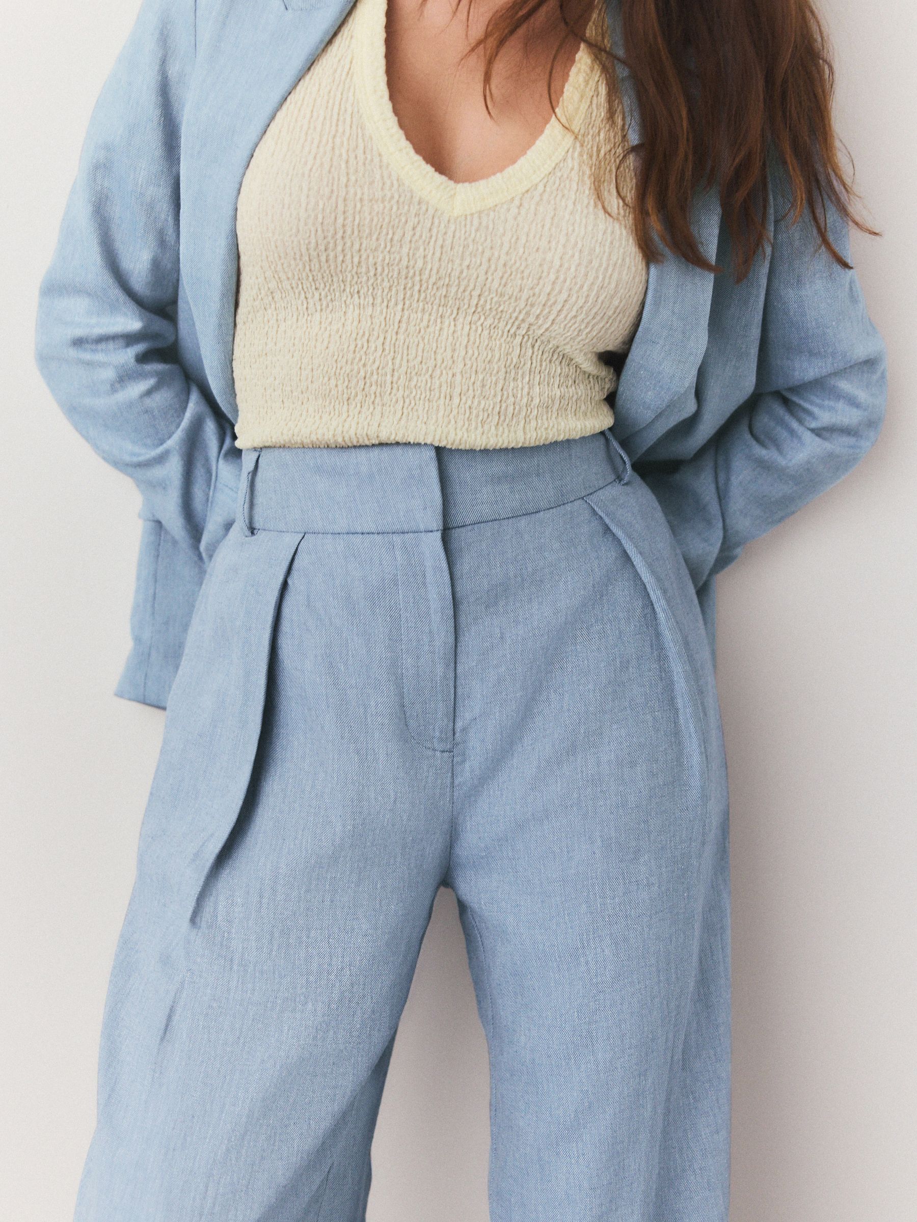 Buy Blue Chambray Elastic Back Wide Leg Trousers with Linen from