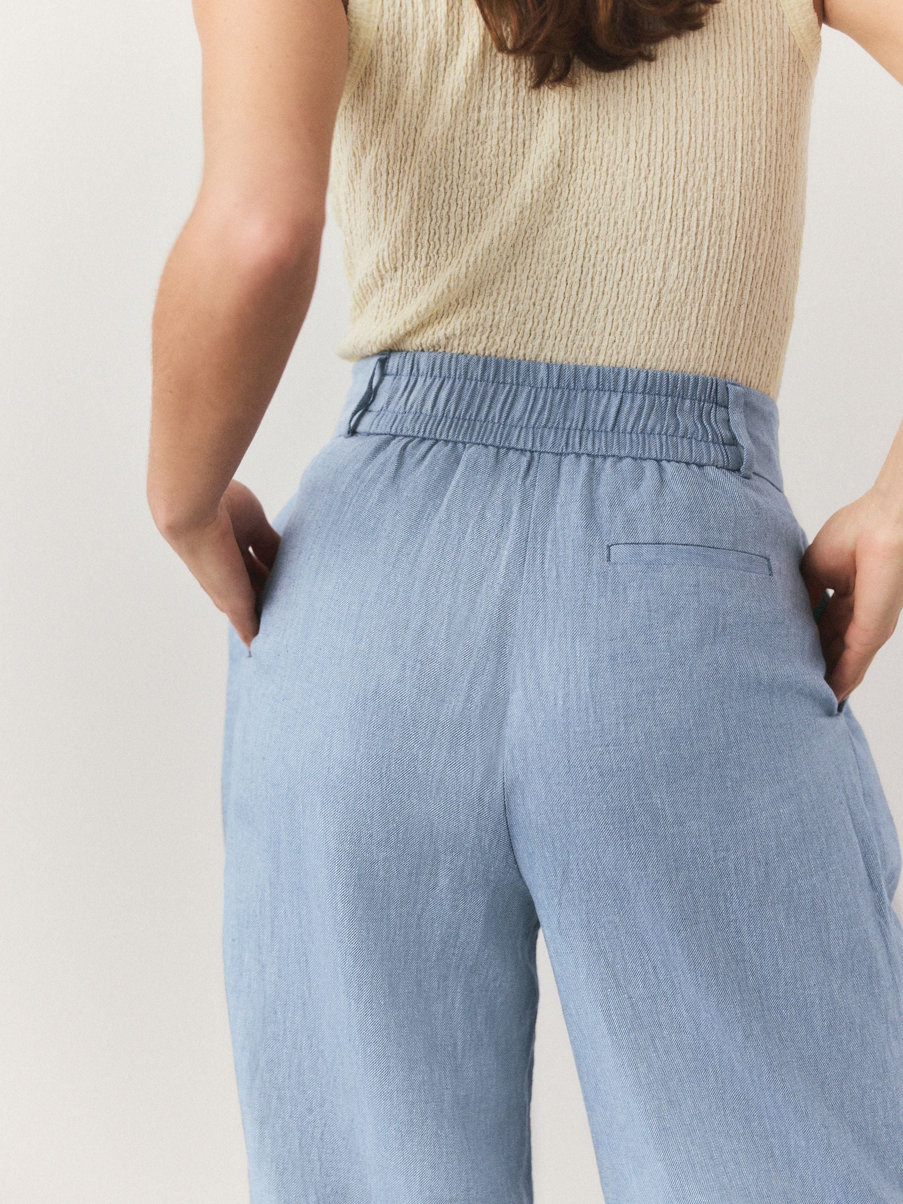 POSTELEGANT LINEN CHAMBRAY TROUSERS パンツ Buy Chambray Blue Regular Tapered Fit Textured Linen Cotton
