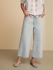 Голубой - 100% Cotton Tie-Waist Cropped Wide Leg Jeans - Image 1 of 7