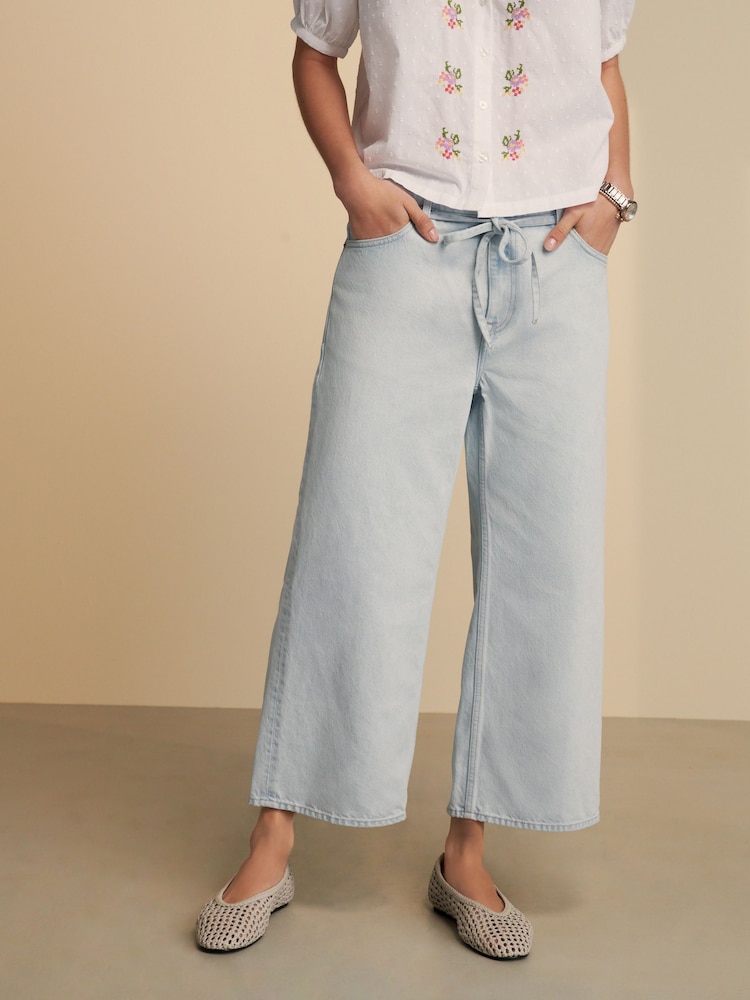 Голубой - 100% Cotton Tie-Waist Cropped Wide Leg Jeans - Image 1 of 7