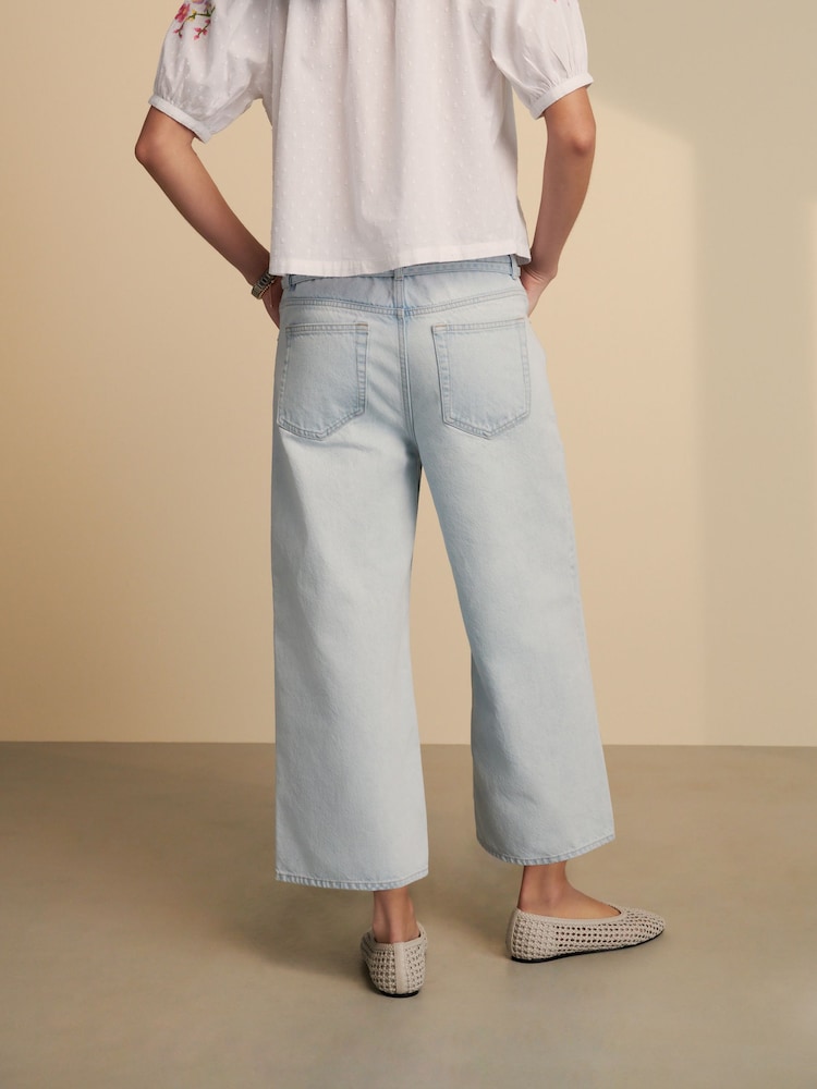 Голубой - 100% Cotton Tie-Waist Cropped Wide Leg Jeans - Image 2 of 7