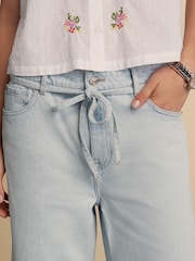 Голубой - 100% Cotton Tie-Waist Cropped Wide Leg Jeans - Image 3 of 7