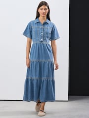 Bleach Tiered Seam Front Denim 100% Cotton Midi Dress - Image 1 of 5