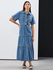Bleach Tiered Seam Front Denim 100% Cotton Midi Dress - Image 2 of 5