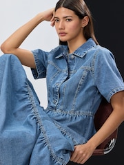 Bleach Tiered Seam Front Denim 100% Cotton Midi Dress - Image 3 of 5