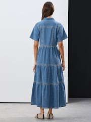 Bleach Tiered Seam Front Denim 100% Cotton Midi Dress - Image 4 of 5