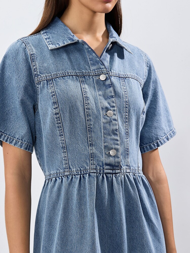 Bleach Tiered Seam Front Denim 100% Cotton Midi Dress - Image 5 of 5
