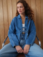 Dark Blue 100% Cotton Tie Front Denim Jacket - Image 1 of 8