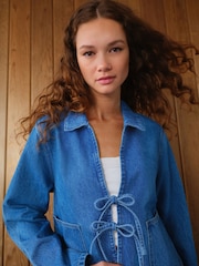 Dark Blue 100% Cotton Tie Front Denim Jacket - Image 4 of 8