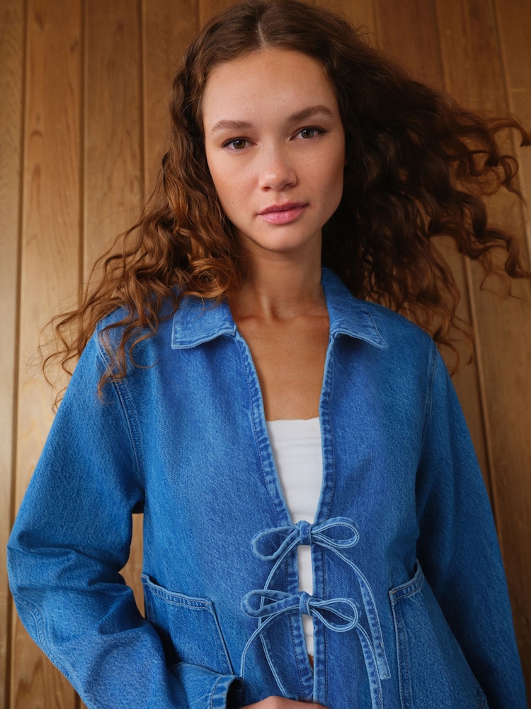 Dark Blue 100% Cotton Tie Front Denim Jacket - Image 4 of 8