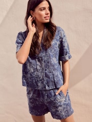 Blue Floral Jacquard 100% Cotton Pullon Lighweight Denim Shorts - Image 1 of 4