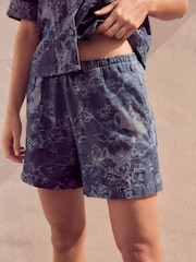 Blue Floral Jacquard 100% Cotton Pullon Lighweight Denim Shorts - Image 2 of 4