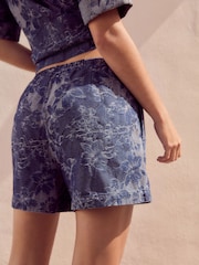 Blue Floral Jacquard 100% Cotton Pullon Lighweight Denim Shorts - Image 3 of 4