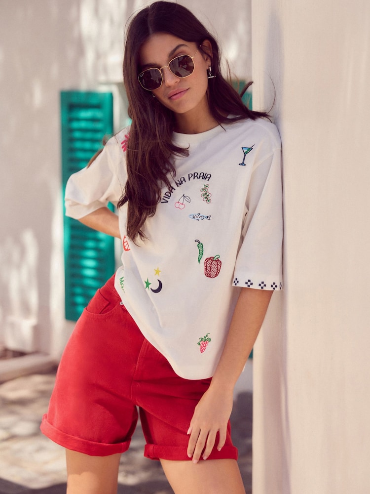 Red Bleach Relaxed Turn Up 100% Cotton Denim Shorts - Image 1 of 7