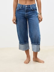 Dark Blue 100% Cotton Turn-up Cropped Jeans - Image 2 of 5