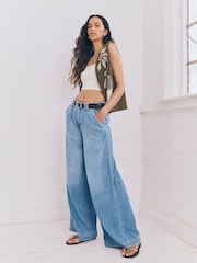 Mid Blue Linen Blend Wide Leg Denim Trousers - Image 1 of 8