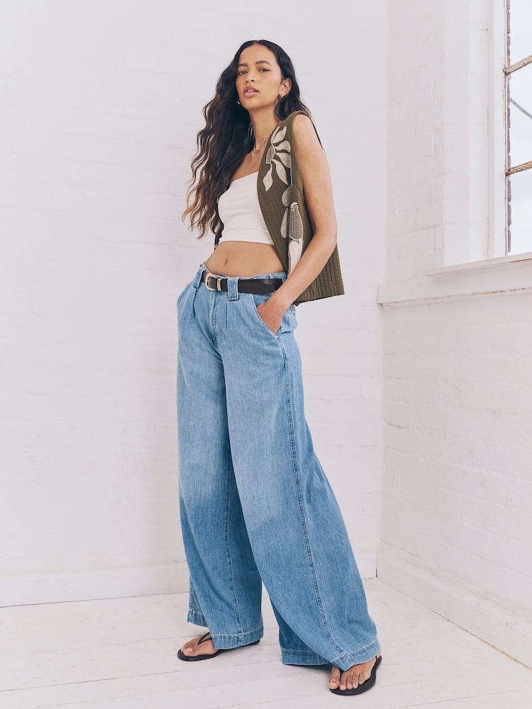 Mid Blue Linen Blend Wide Leg Denim Trousers - Image 1 of 8
