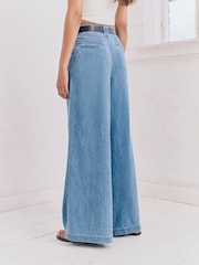 Mid Blue Linen Blend Wide Leg Denim Trousers - Image 3 of 8