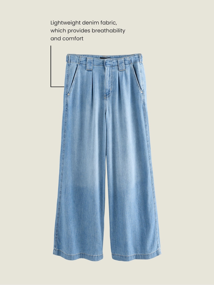 Bleu moyen - Pantalons Ample Palazzo en Denim Mélange de Lin - Image 4 of 9