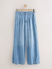 Mid Blue Linen Blend Wide Leg Denim Trousers - Image 6 of 8