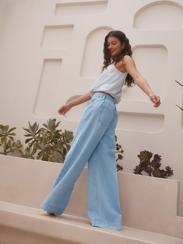 Bleach Lyocell Blend Denim Tie Waist Wide Leg Jeans - Image 2 of 8 Bleach Lyocell Blend Denim Tie Waist Wide Leg Jeans - Image 2 of 8