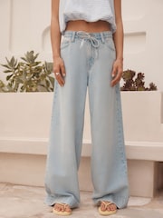 Bleach-Waschung - Lyocell Blend Denim Tie Waist Wide Leg Jeans - Bild 3 von 5