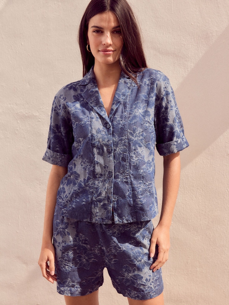 Blue Floral Jacquard Lightweight Denim Shirt - Image 2 of 6 Blue Floral Jacquard Lightweight Denim Shirt - Image 2 of 6