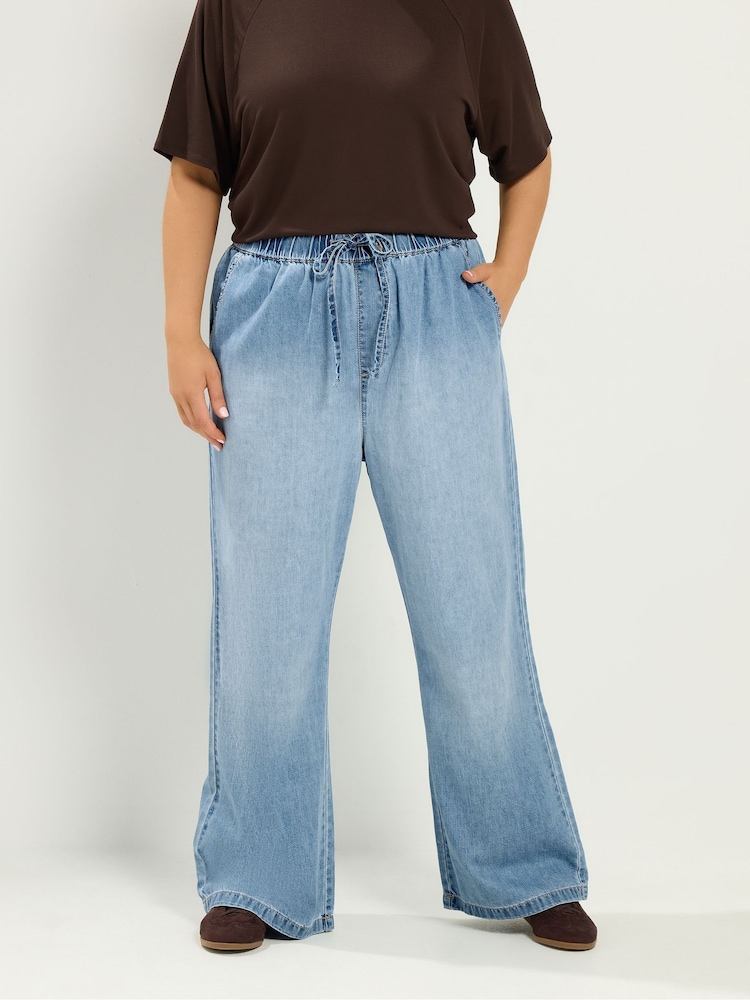 Yours Curve Blue Drawstring Wide Leg Jeans - Image 1 of 4 Yours Curve Blue Drawstring Wide Leg Jeans - Image 1 of 4