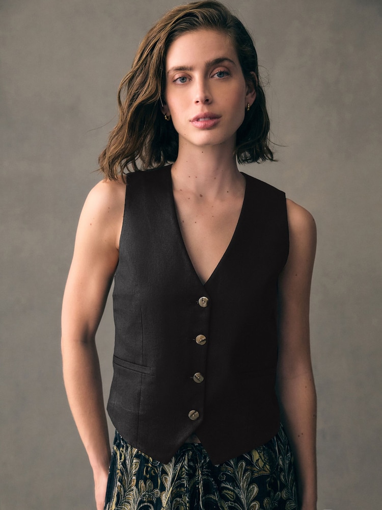 Black Button Through Waistcoat With Linen - Image 1 of 8 Black Button Through Waistcoat With Linen - Image 1 of 8