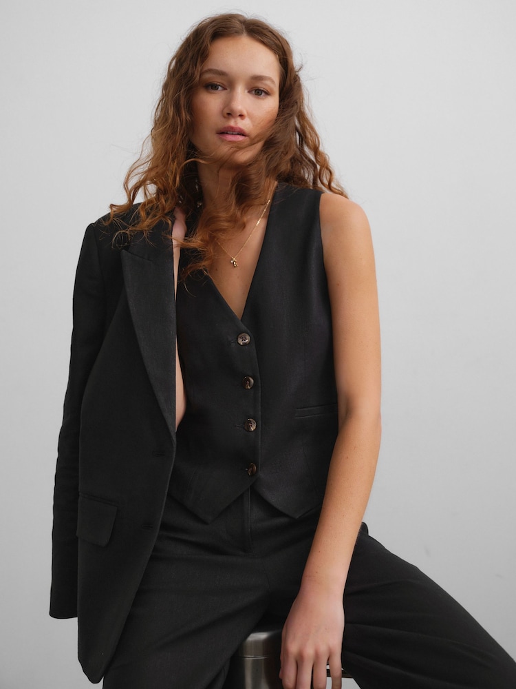 Zwart - Button Through Waistcoat With Linen - Image 4 of 9