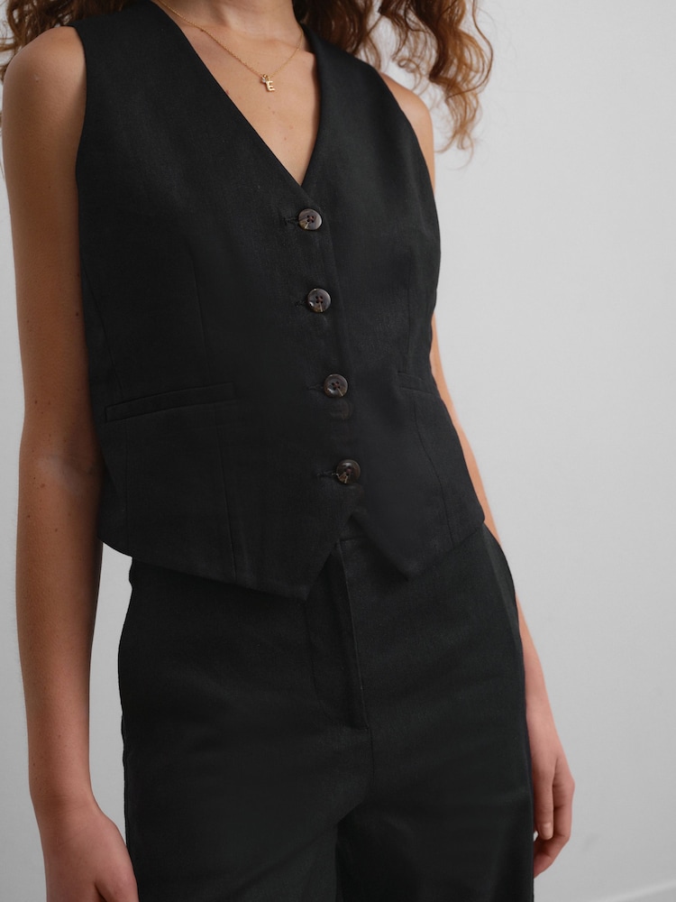 Zwart - Button Through Waistcoat With Linen - Image 6 of 9