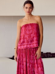 Red/Pink Glossy Satin Printed Bandeau Top - Image 2 of 6