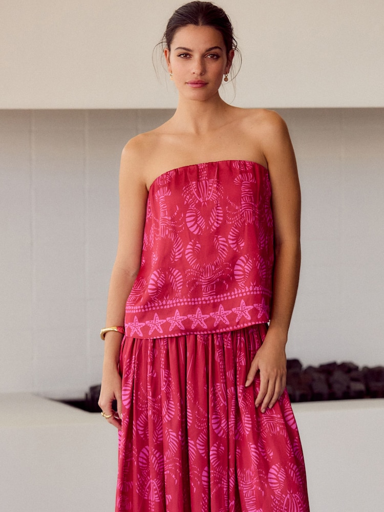 Red/Pink Glossy Satin Printed Bandeau Top - Image 2 of 6