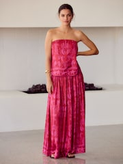 Red/Pink Glossy Satin Printed Bandeau Top - Image 3 of 6