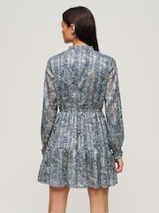 Superdry Blue Mini Printed Long Sleeve Metallic Dress - Image 4 of 4