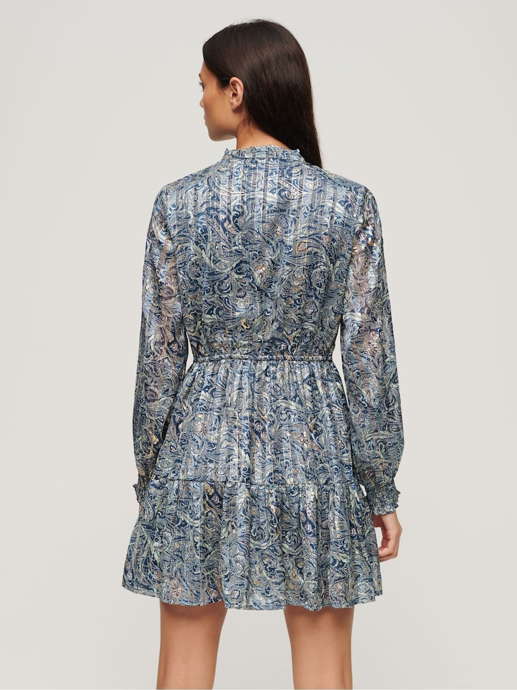 Superdry Blue Mini Printed Long Sleeve Metallic Dress - Image 4 of 4