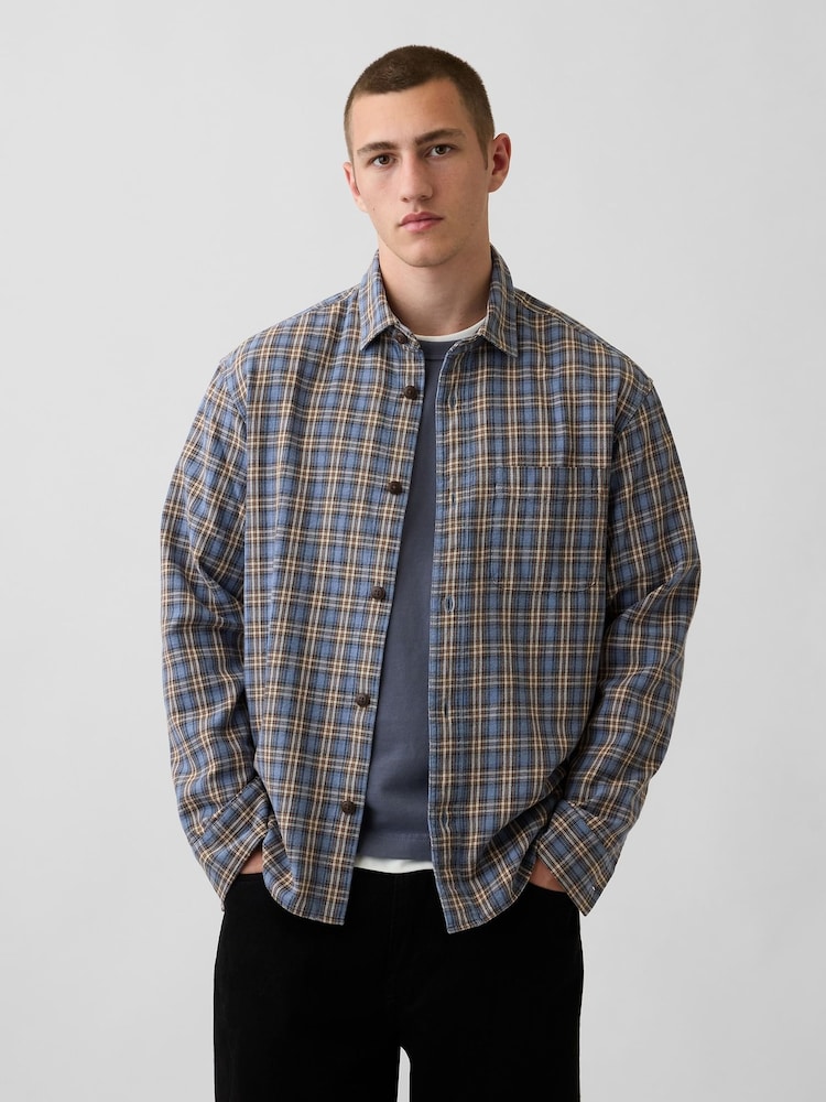 Gap Blue Sunwashed Twill Relaxed Check Shirt - Image 1 of 4 Gap Blue Sunwashed Twill Relaxed Check Shirt - Image 1 of 4
