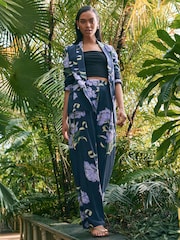 Темно-синий с цветочным узором - Kew Gardens Wide Leg Trousers with Linen - Image 1 of 4