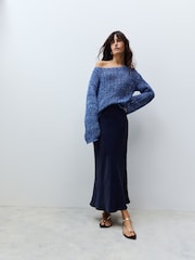 Navy Blue Satin Midi Skirt - Image 1 of 3