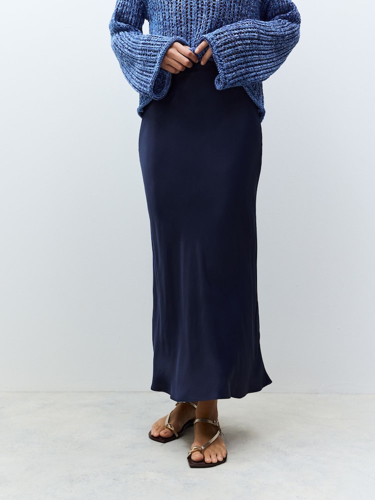 Navy Blue Satin Midi Skirt - Image 2 of 3