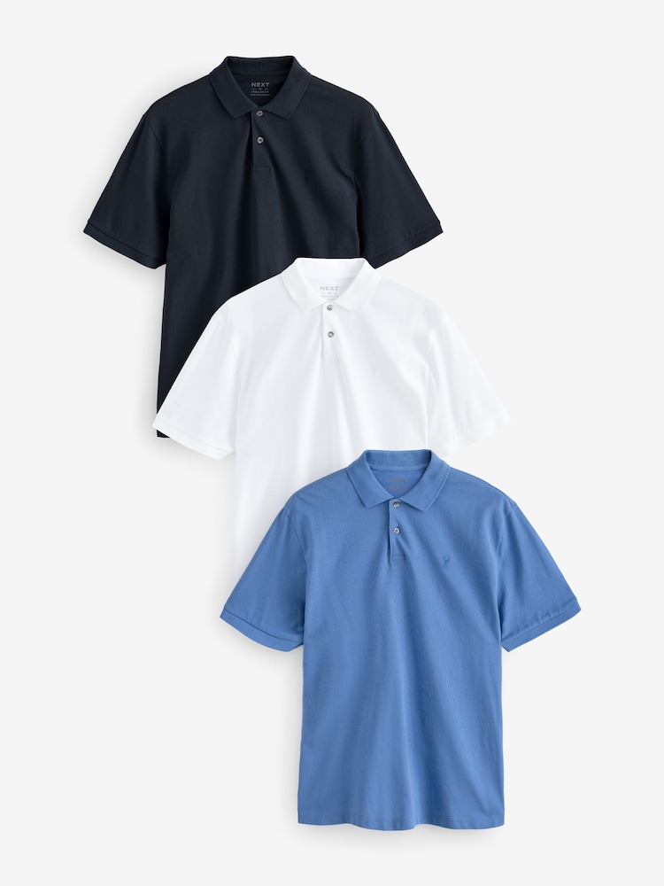 White/Blue Short Sleeve Pique Polo Shirts 3 Pack - Image 1 of 14 White/Blue Short Sleeve Pique Polo Shirts 3 Pack - Image 1 of 14