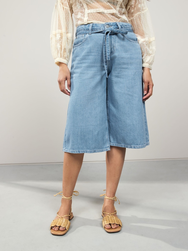 Dunkelblau - Lyocell Blend Tie Waist Denim Shorts - Bild 2 von 7