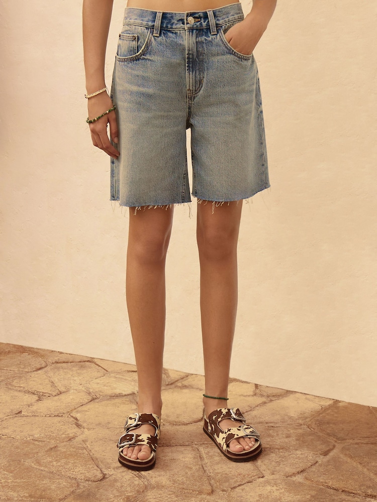 Mid Blue 100% Cotton Slouch Relax Denim Shorts - Image 3 of 7
